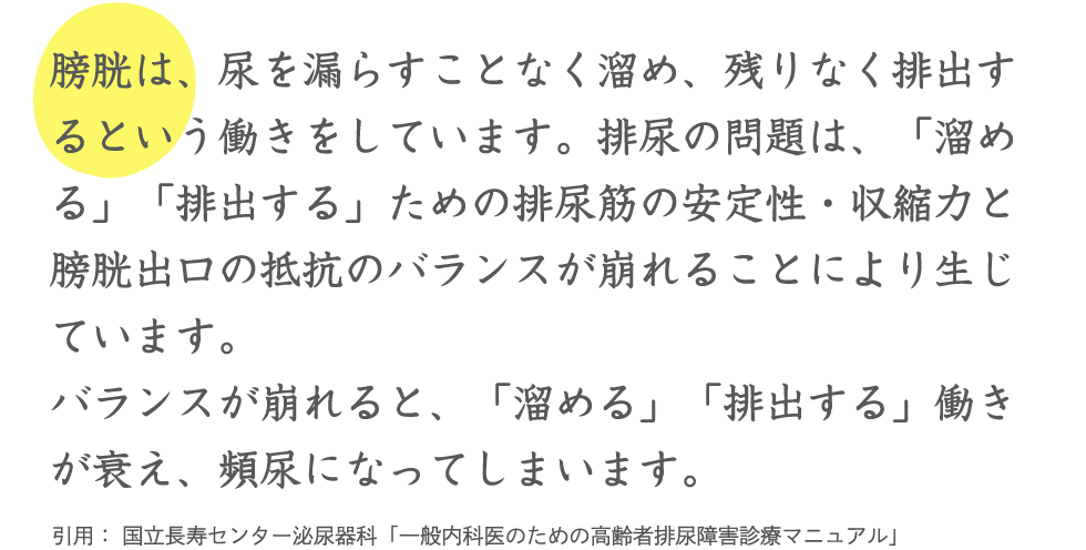 膀胱は、尿を漏らすことなく溜め、残りなく排出するという働きをしています。排尿の問題は、「溜める」「排出する」ための排尿筋の安定性・収縮力と膀胱出口の抵抗のバランスが崩れることにより生じています。バランスが崩れると、「溜める」「排出する」働きが衰え、頻尿になってしまいます。引用： 国立長寿センター泌尿器科「一般内科医のための高齢者排尿障害診療マニュアル