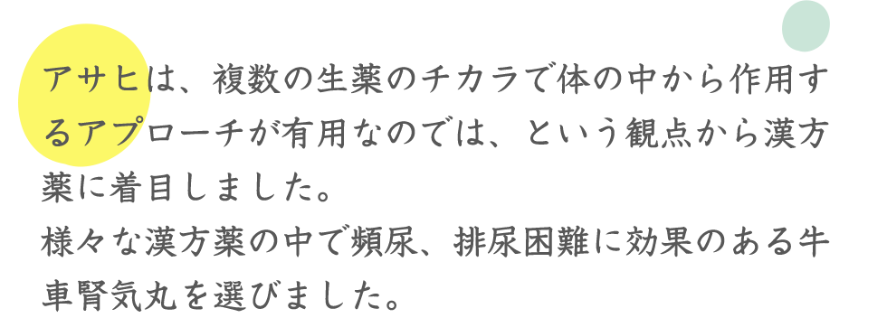 アサヒは、複数の生薬のチカラで体の中から作用するアプローチが有用なのでは、という観点から漢方薬に着目しました。様々な漢方薬の中で頻尿、排尿困難に効果のある牛車腎気丸を選びました。